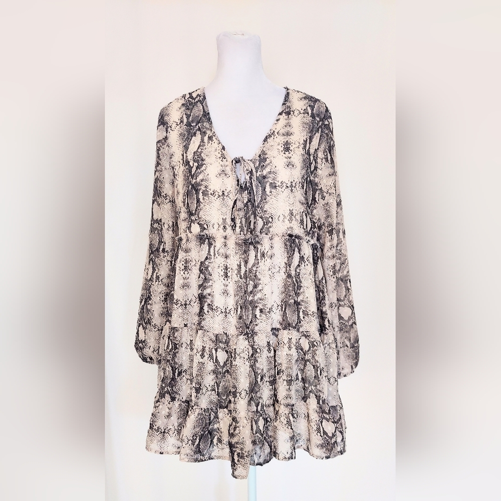 Altar'd State Tiered Boho Ruffle Chiffon Snake Print Mini Dress Size XS